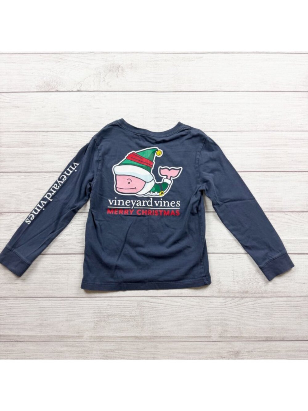 Vineyard Vines Kids Merry Christmas Elf Whale Long Sleeve Navy Shirt 6 - Picture 3 of 3